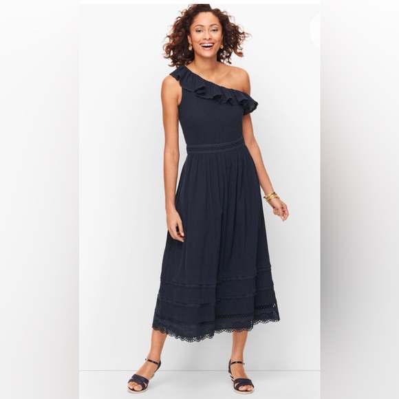 New NWT Talbots One Shoulder Ruffled Midi Dress Blue Size 14 - Picture 1 of 9